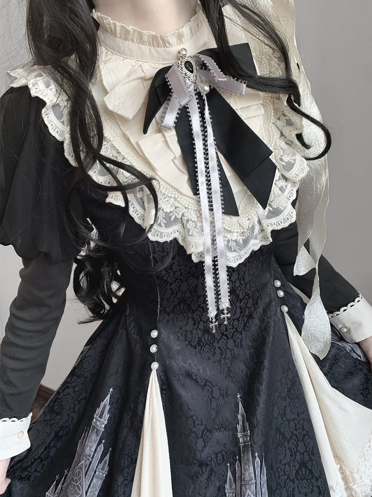 Print and Lolita Hem with Gothic Dress Black Beige Long-Sleeve Ruffled Church