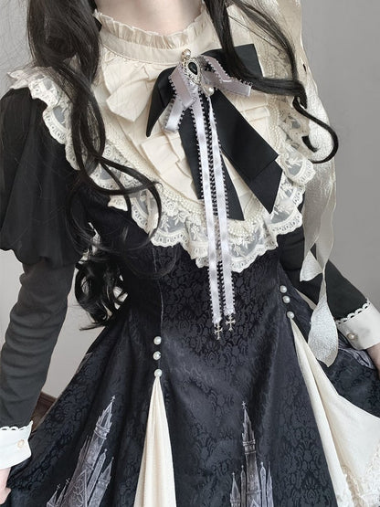 Print and Lolita Hem with Gothic Dress Black Beige Long-Sleeve Ruffled Church
