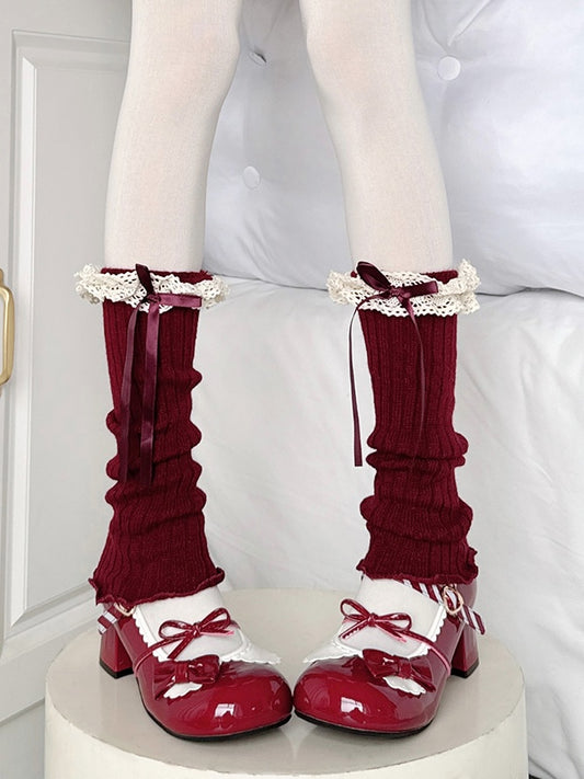 Ruffle Red Knitted Leg Warmers Wine Bow