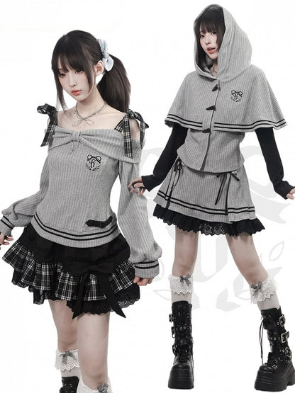 Vintage Kawaii Grey Knit Skirt with Lace Trim & Lace-Up Detailing - PINK SAVIOR