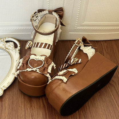 Sweet Lolita Trim Brown Teddy Bear Lace Shoes Themed Platform with