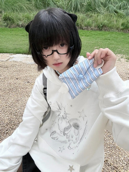 White Casual Rabbit Pattern Hoodie with Star Decoration - NEMU
