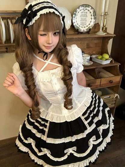 Black & White Bow Lace-Trimmed Skirt - Hana Studio