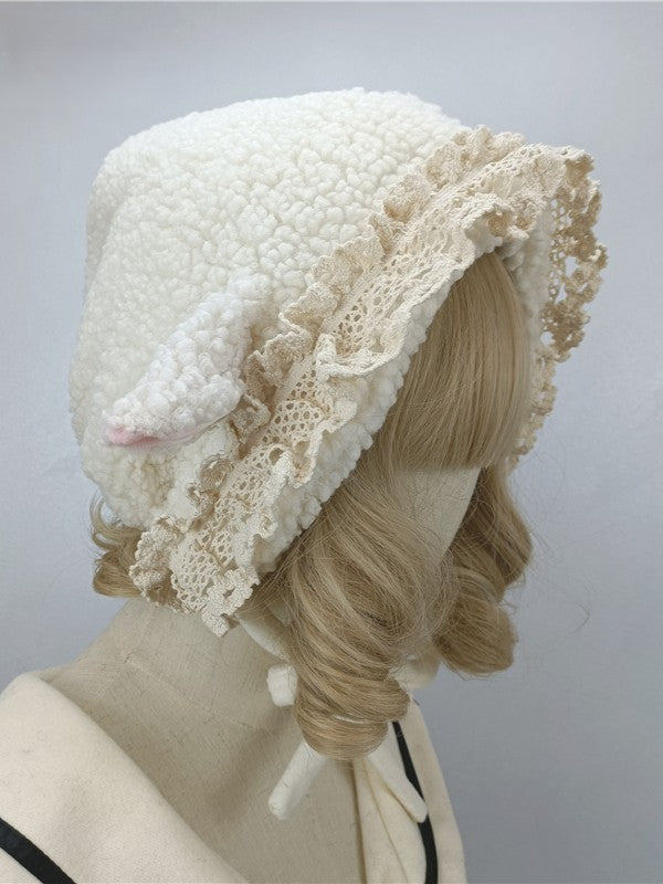 Plush Lamb Ear Black/White Sweet Lace Hat Design