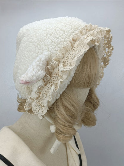 Plush Lamb Ear Black/White Sweet Lace Hat Design