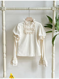 Beige Puff Sleeve Lolita Knit Top with Lace Trim Detail - With PUJI
