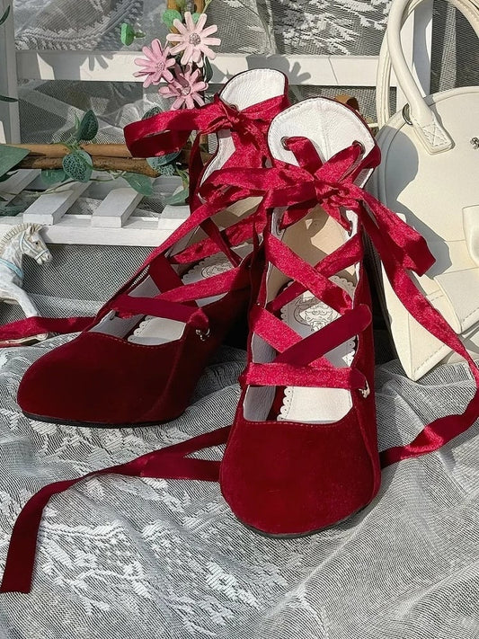 Design Shoes Red Lace-Up Wine Velvet in Toe Closure Pointed Classic Lolita