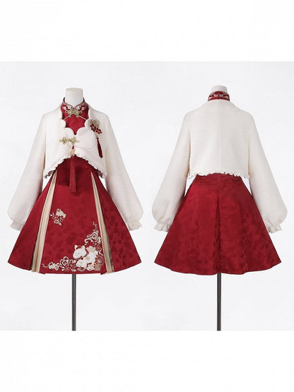 Red Floral Embroidered Chinese Dress with Plush White Top for Cold Seasons - Han Ru Chu Hanfu & Han-Element Studi