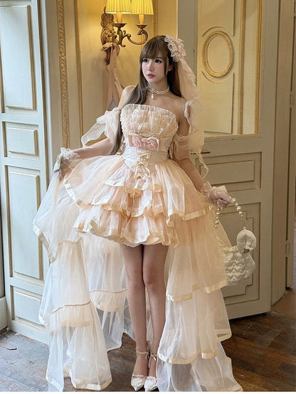 Pink Romantic Lolita Jumper Dress with Train and Sleeves - Diamond Honey
