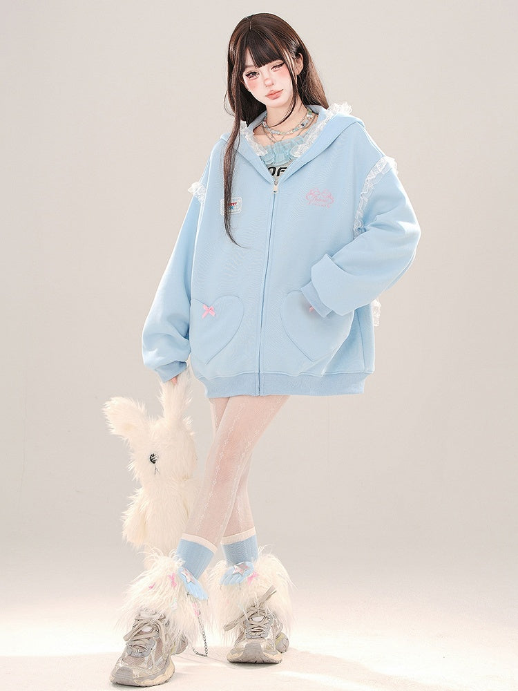 Blau/Apricot – Kapuzenjacke mit Spitzenbesatz und Hasenohren