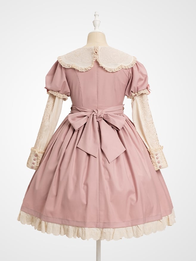 Lace Sleeves Lolita Neckline Embroidered Teddy Dresswith Bear Pink Sweet Trim Puff