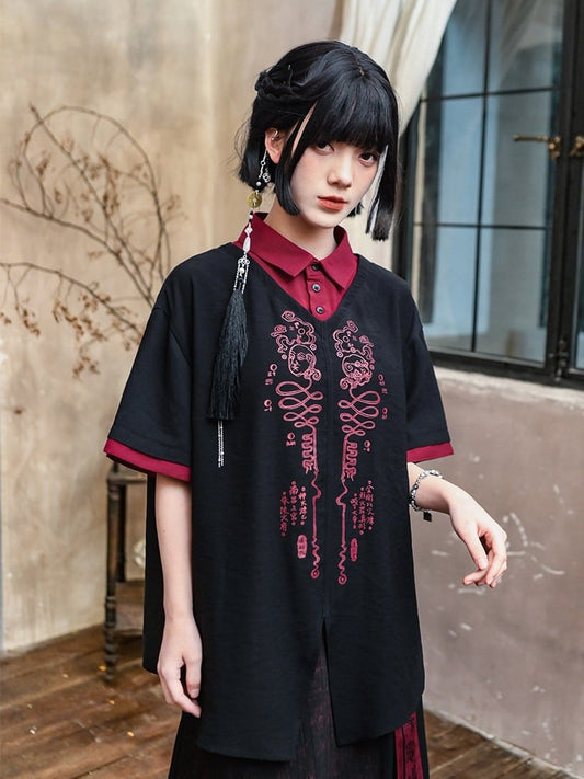 With Talisman Short-sleeve Gothic Fake Blouse Black Two-piece Chinese Print Red