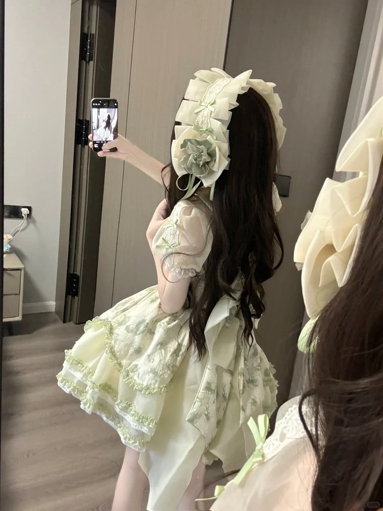 Layered Skirt Lace Green Trimmings Princess with Ruffles Floral-Print and Lolita Jumper