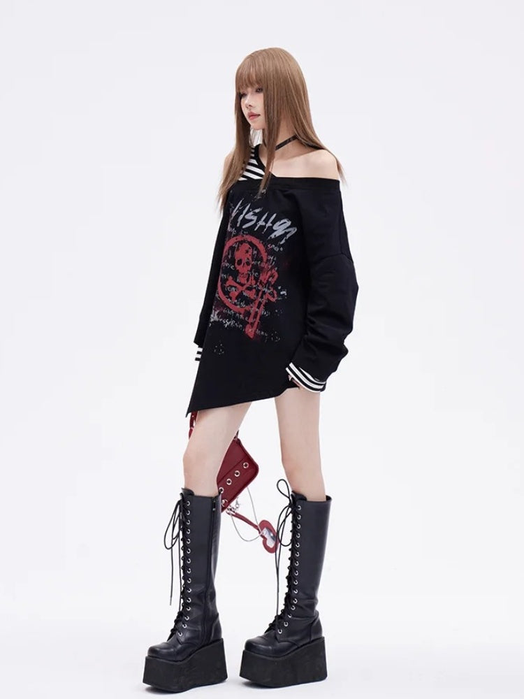 Print Skelett Punk Top Faux Zweiteiler Glamourös Schwarz Asymmetrischer Ausschnitt und Saum