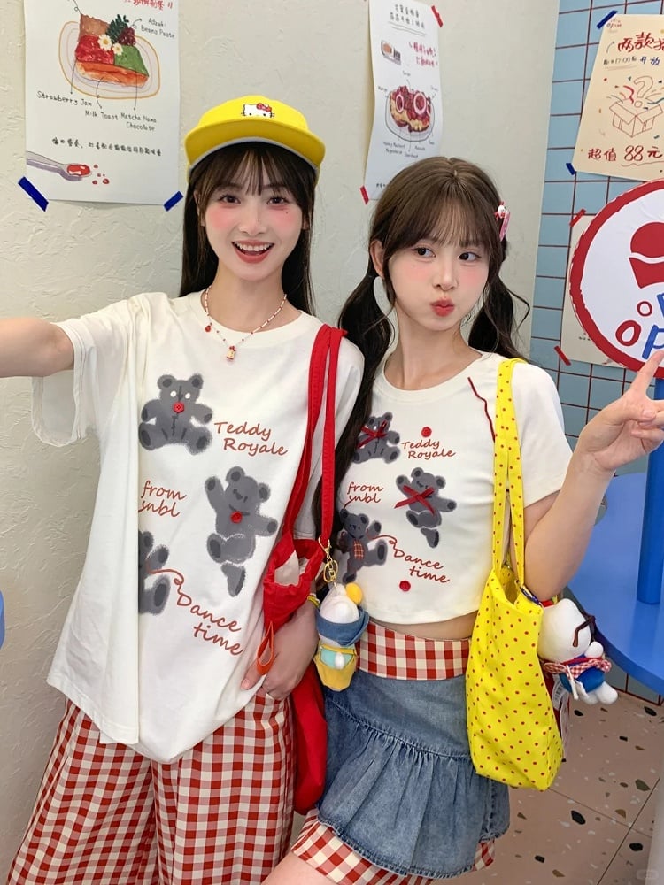 T-Shirt Short/Long White Round Neck Bear Print Version