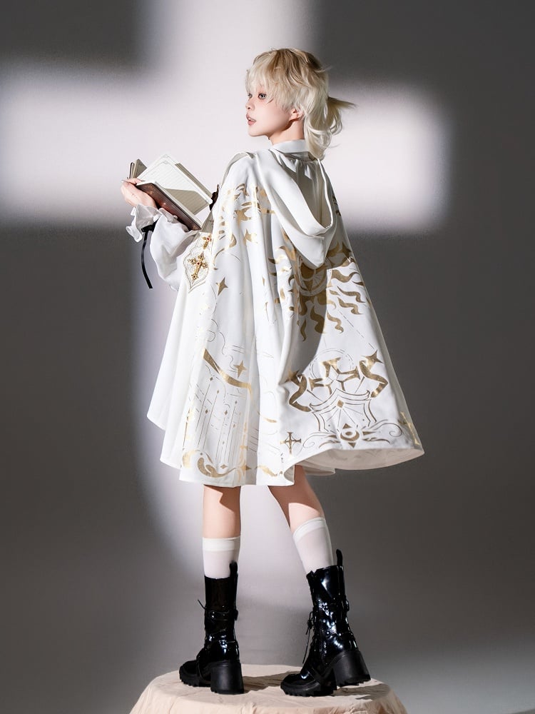 Shirt + Stoles Shorts Set Fashion Lolita Ouji Hooded Cape Nun Full Long White Sleeves - Black