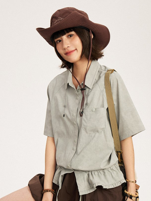 Dusty Green Placket Vintage Button T-Shirt -