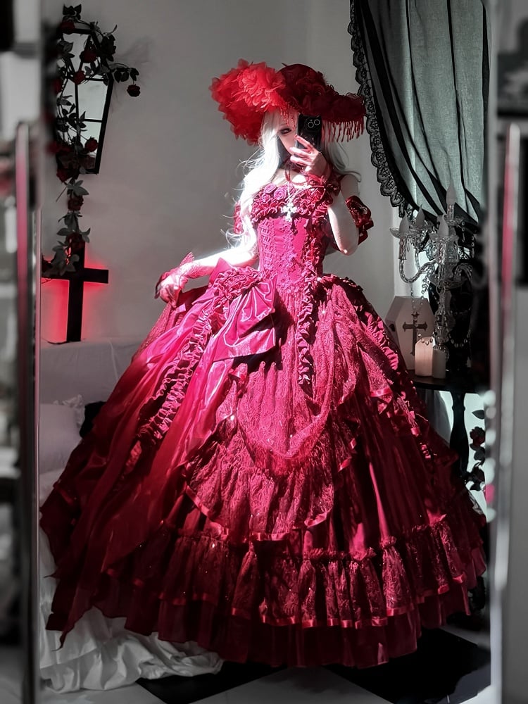 Hanayome Taillenstäbchen Bodenkorsett Länge Kleid Hime Kleid Rot Ball Lolita