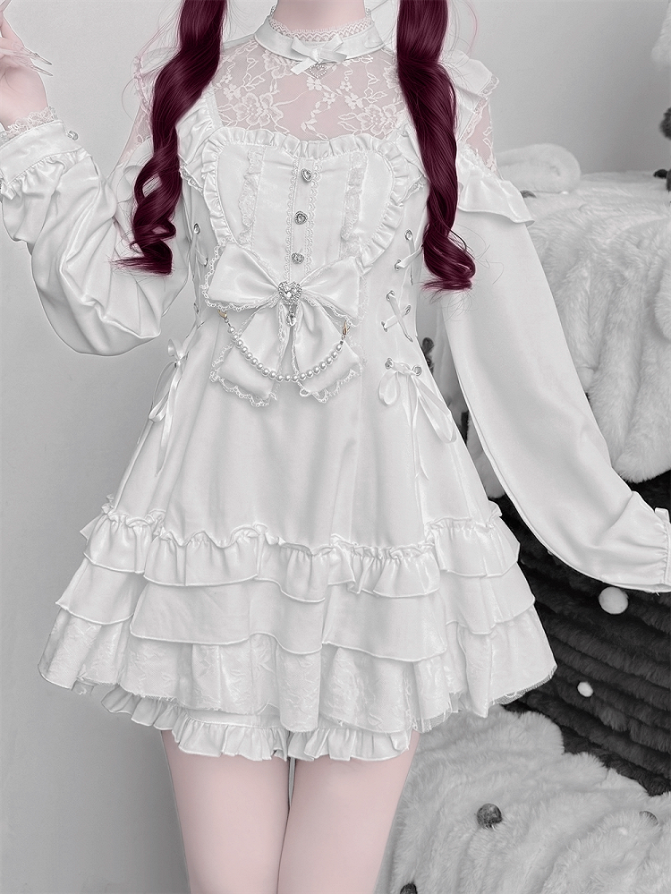 White Landmine Style Floral Lace Dress Set with Shorts, Bow Tie, Bead Chain & Hairclips - Jiuniang Cherry