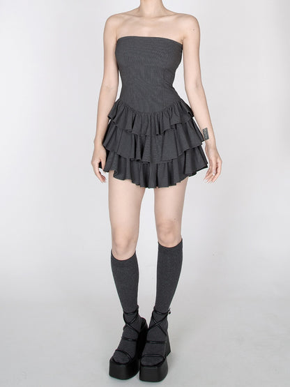 Dark Gray Striped Tiered Ruffles Mini Skirt Strapless Dress