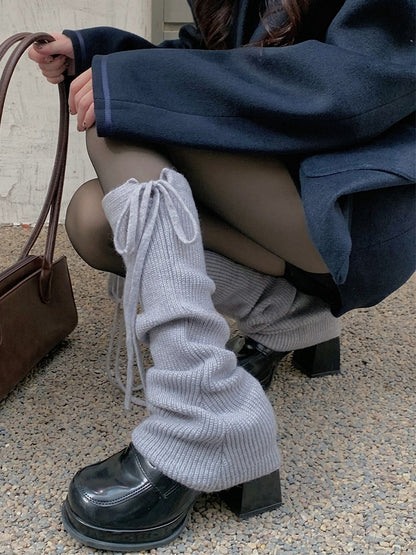 ホワイト/ライトグレー/ブラック/コーヒー/カーキ セルフタイストラップ ニットレッグウォーマー