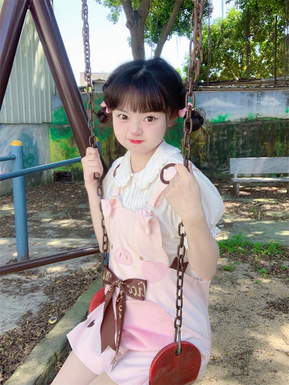 Adorable Piggy Pattern Bubble Shorts Overalls Pink
