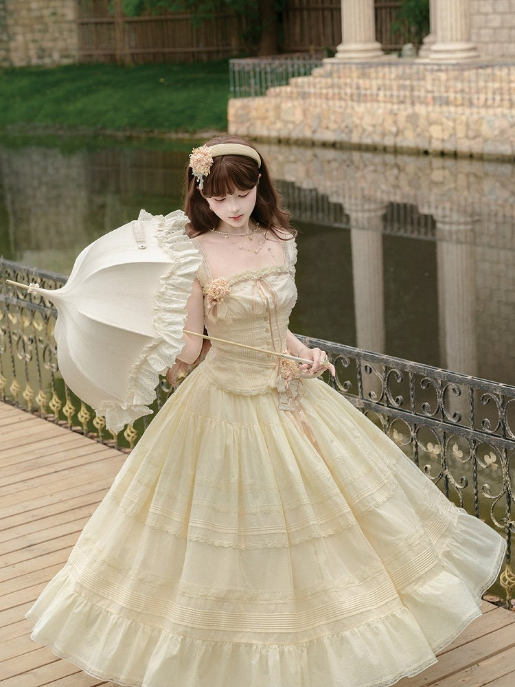 Yellow Sweet Button Top with Lace Skirt Set - Penny House