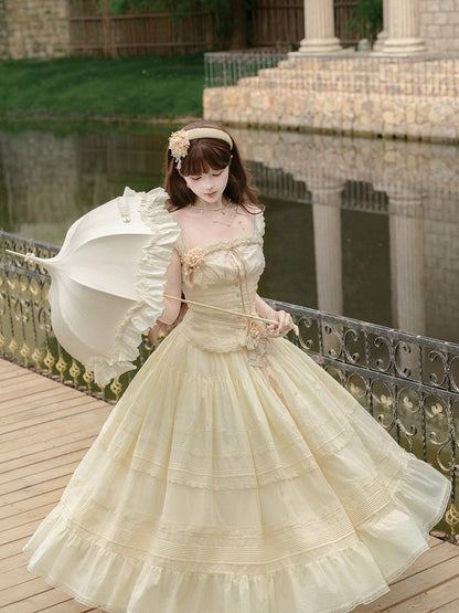 Yellow Sweet Button Top with Lace Skirt Set - Penny House