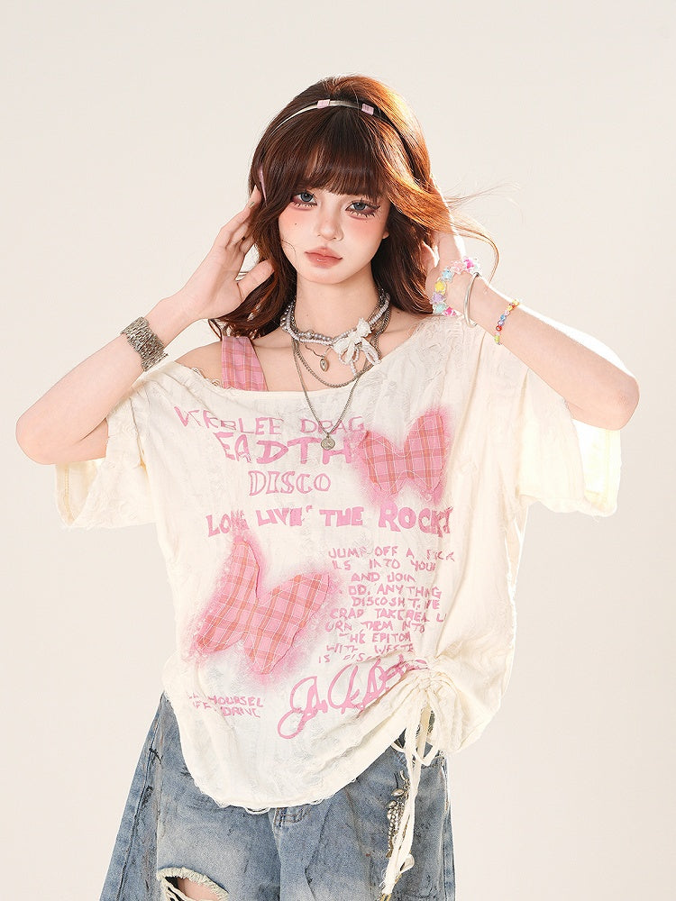 アシンメトリーネックライン、バタフライアップリケ、アプリコットカラー、スイートTシャツ、ダメージ加工、穴あき