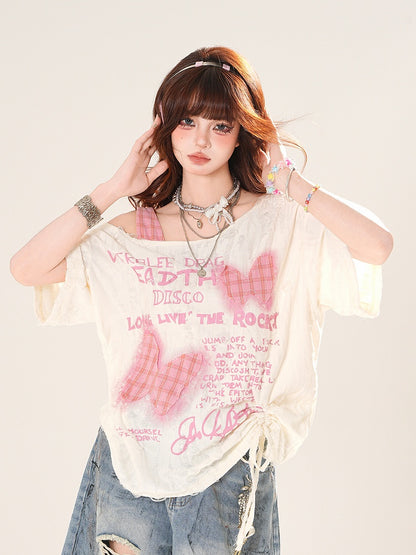 アシンメトリーネックライン、バタフライアップリケ、アプリコットカラー、スイートTシャツ、ダメージ加工、穴あき