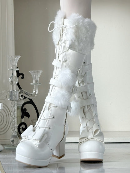 Boots - PU Cuff Charm Plush Closure Mid-heel Lace-up Creamy Pompon Knee-Length in White with