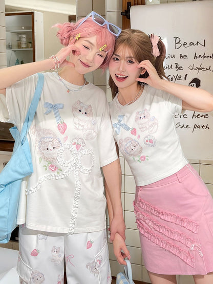 Long/Short Version Adorable Kitty Print Creamy White Round Neck T-Shirt