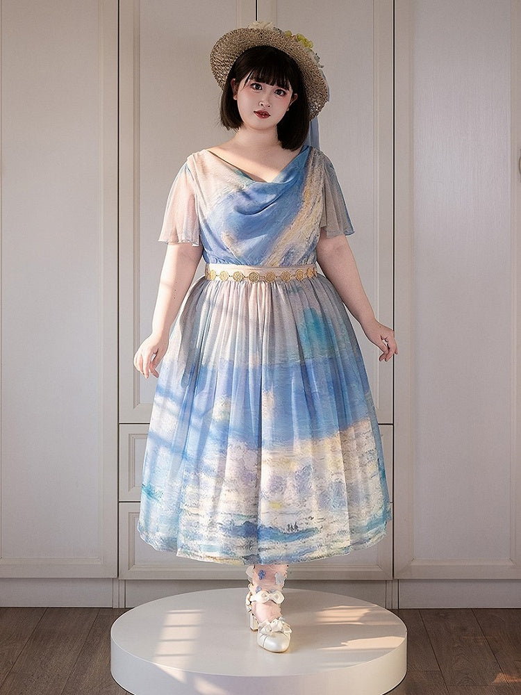 Blue Ocean Oil Painting Print Butterfly Sleeves Elegant Lolita Maxi Dress with Cowl Neckline