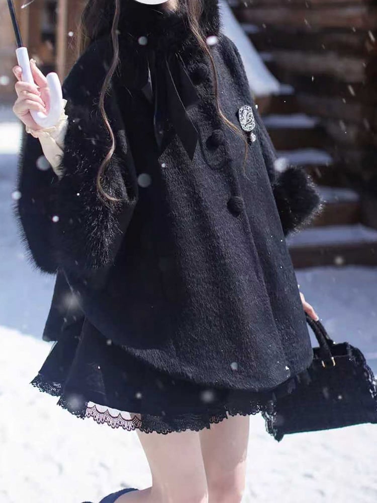 Black Cape Cuffs Jirai Plush Cozy Winter Coat - Kei with Fall Essential A Collar
