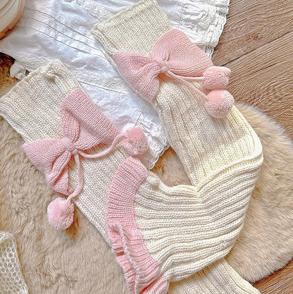 Style Pink Pom-pom Bow with Knitted Beige Accents Warmers Y2K Leg Details