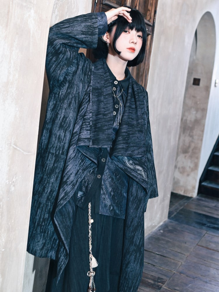 with Asymmetrical Blue Tie Print Cape Dye Jacket Cheongsam Snake