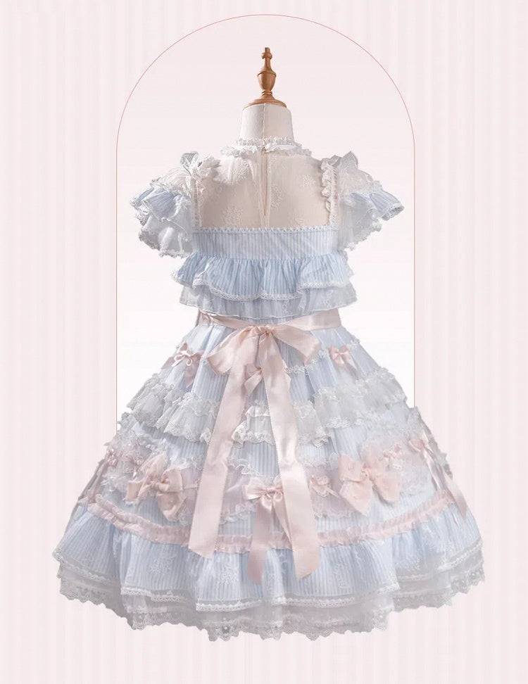 ストライプのリボン柄のスイートな装飾のドレス ロリータ ブルー ピンク