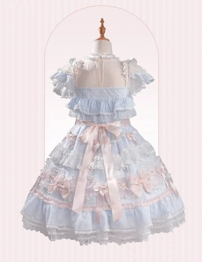 ストライプのリボン柄のスイートな装飾のドレス ロリータ ブルー ピンク