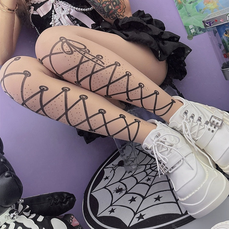 Tights Print Straps Y2K Lace-up Nude