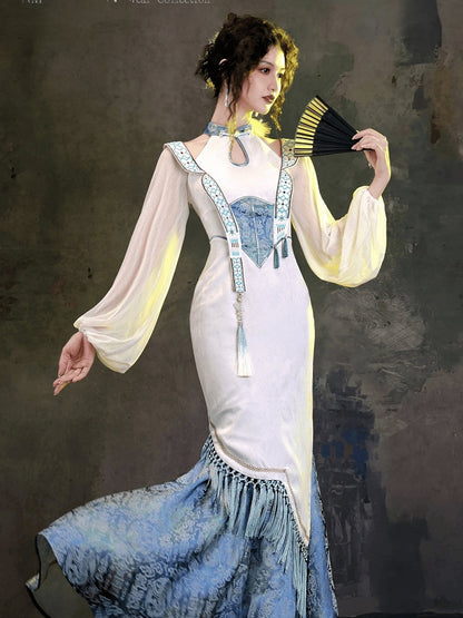 Elegant Blue & White Jacquard Long Cheongsam Gown with Cutout Accents - sijinstudio