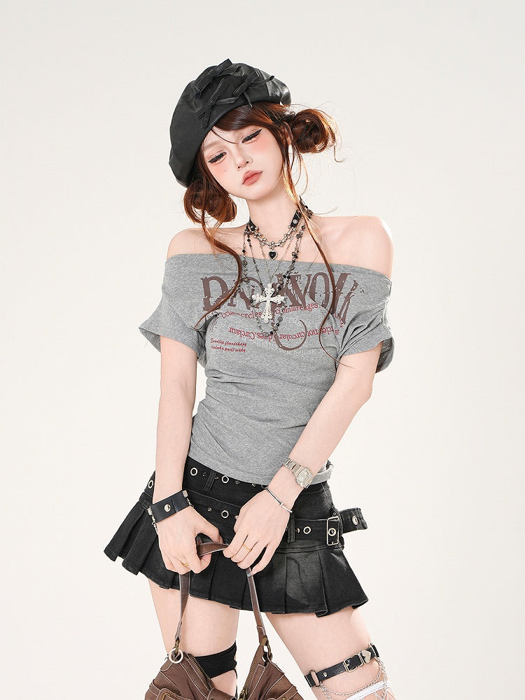 Grau/Marineblaues schulterfreies blaues T-Shirt mit Ausschnitt und Buchstaben-Print