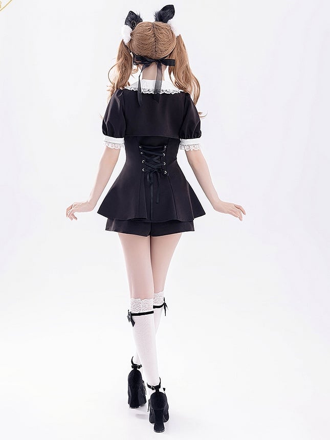 Shorts Bow Sleeve Set: Black Two-Piece Short Kei with Detachable and Jirai Faux Top Brooch