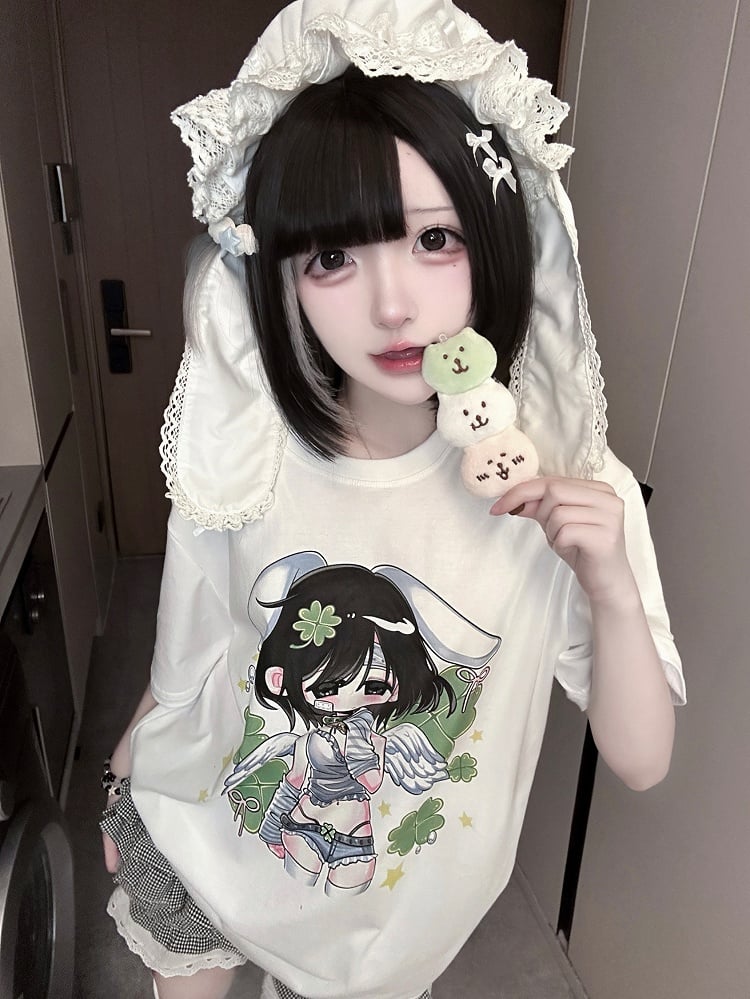 White Round Neck Four-Leaf Clover Angel Print Cotton T-Shirt