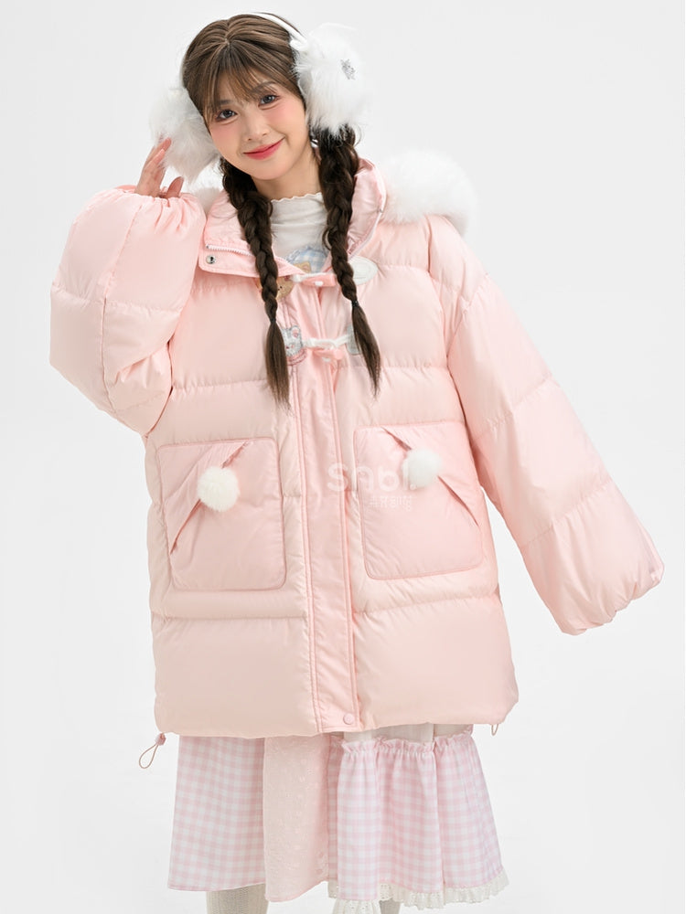 Rosa Daunenmantel mit Kapuze und Plüschbesatz mit süßem Bären und Kätzchen