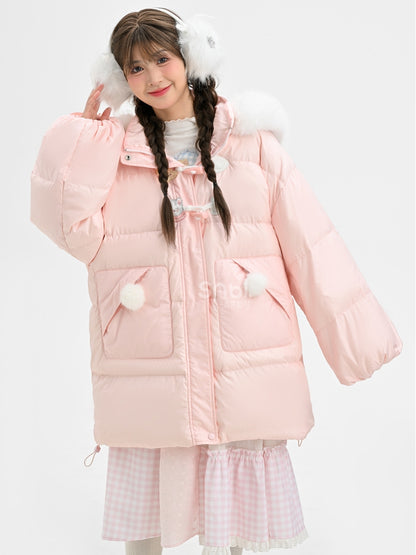 Rosa Daunenmantel mit Kapuze und Plüschbesatz mit süßem Bären und Kätzchen