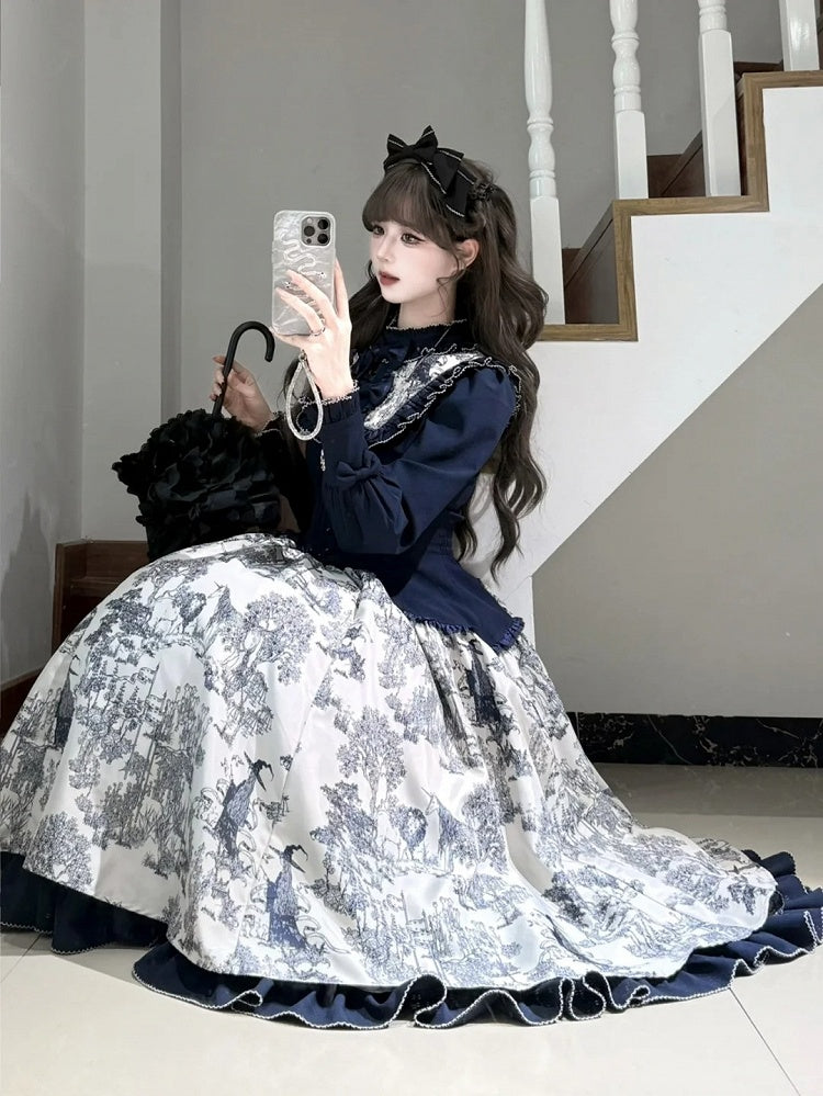 Piece Animals Lolita White Print Long-Sleeve One Dark Elegant Blue Forest
