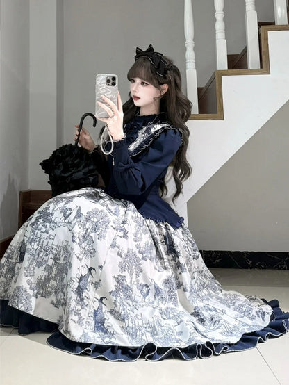Piece Animals Lolita White Print Long-Sleeve One Dark Elegant Blue Forest