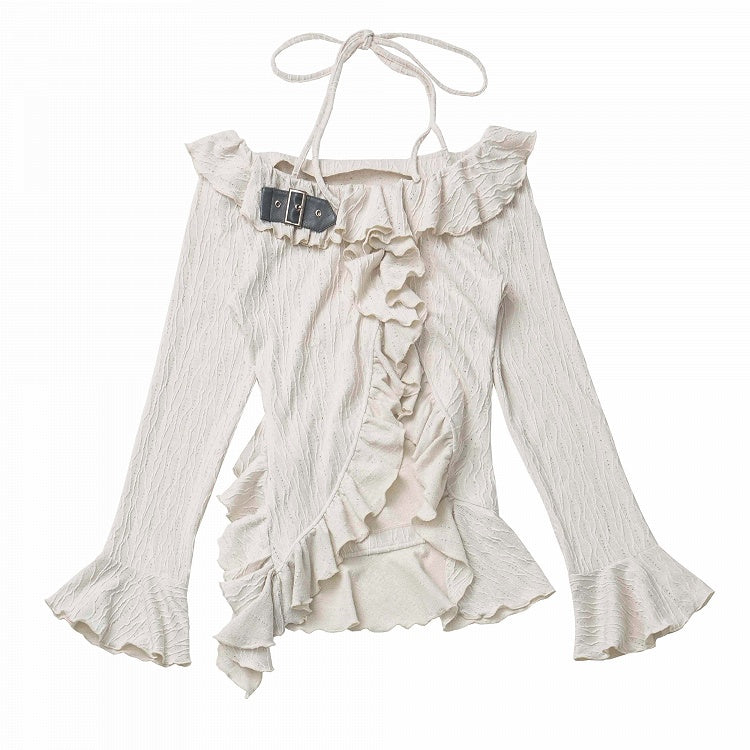 Beige/Dunkelgraues Strickoberteil mit Neckholder, Glockenärmeln, asymmetrischem Rüschensaum