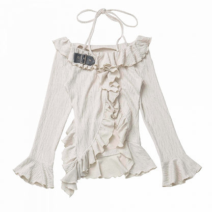 Beige/Dunkelgraues Strickoberteil mit Neckholder, Glockenärmeln, asymmetrischem Rüschensaum