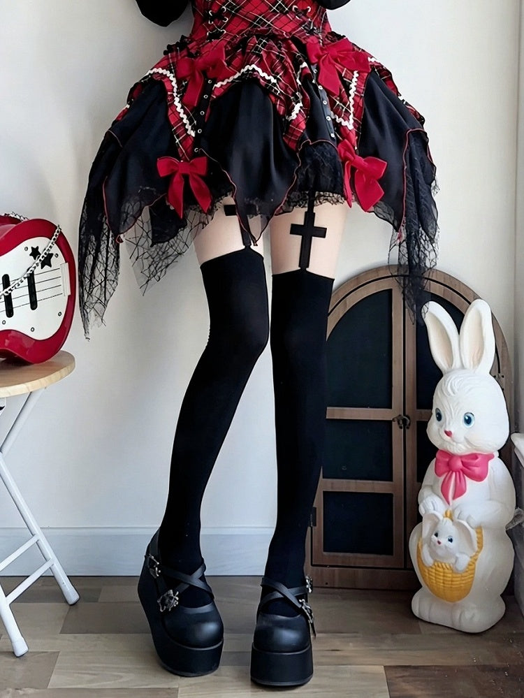 Cross-Patterned Gothic Lolita Over-The-Knee Stockings, Black - Milkcat Studio